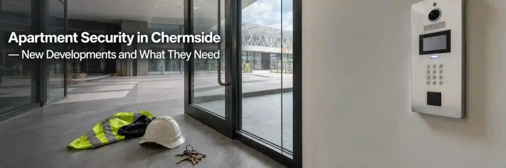 Modern apartment building entrance in Chermside with secure intercom access system, glass entry doors, and residential security features.