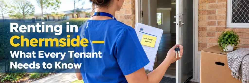 Chermside rental tenant holding keys and approved lock change paperwork while moving into a brick unit. Copy