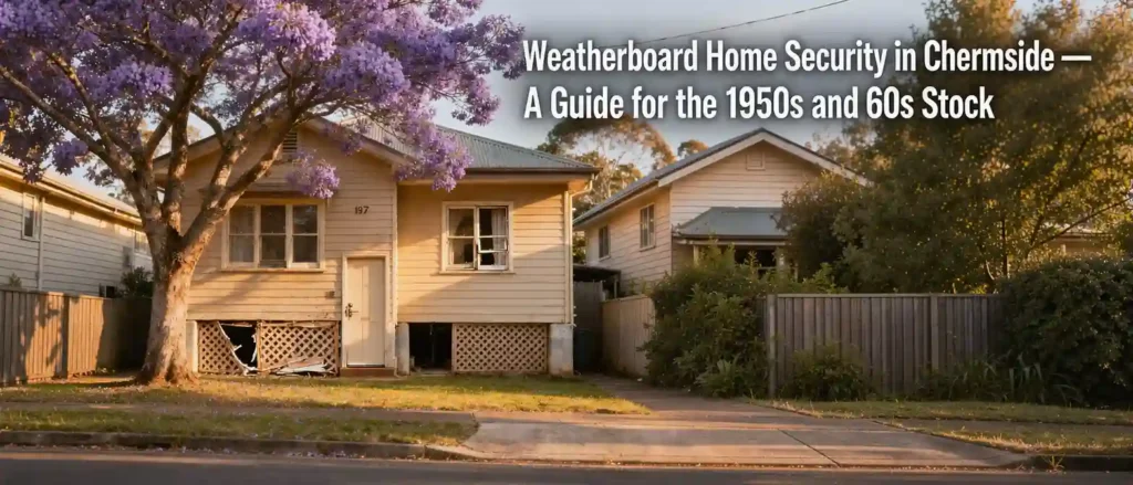 Traditional 1950s and 1960s weatherboard home in Chermside, Brisbane, highlighting residential security considerations for older properties.