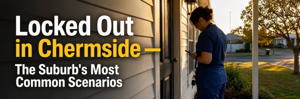 Resident locked outside a home in Chermside checking a phone while standing at the front door during a residential lockout.